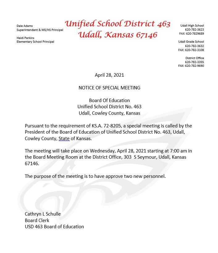 Notice of Special Meeting April 28, 2021