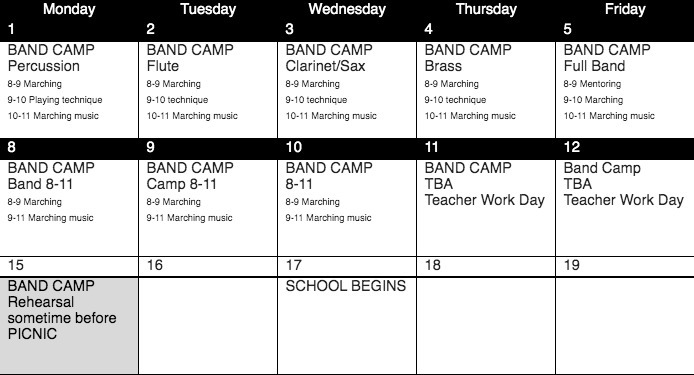 Band Camp 2022 Schedule